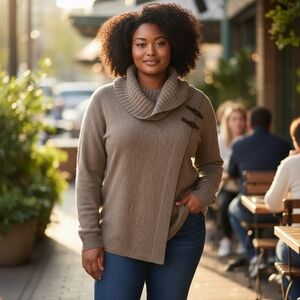 Large Taupe Ellen Tracy Knit Sweater Extra Fine Merino Wool Cowl Neck Buckles